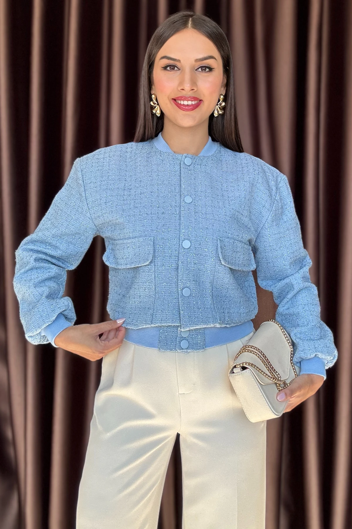 Lumina Kadın Simli Şanel Dokulu Şık Kısa Bomber Mavi Ceket