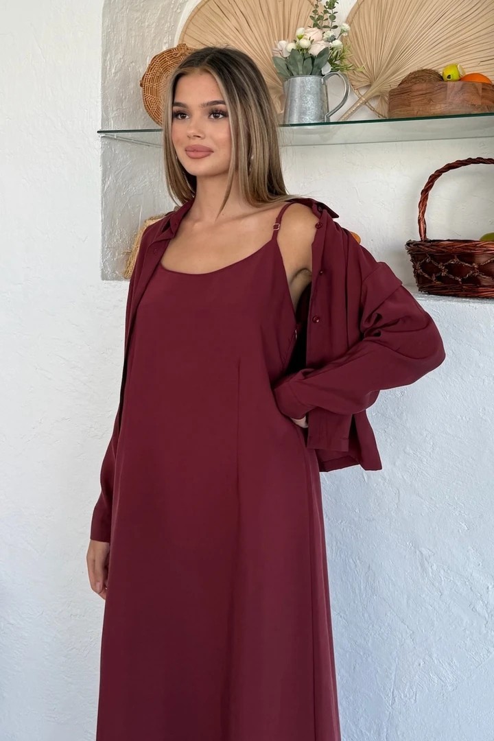 Ciela Kadın Askılı Bolero Maxi Bordo Elbise Takım – Yazlık Modal Rahatlık ve Zarif Şıklık