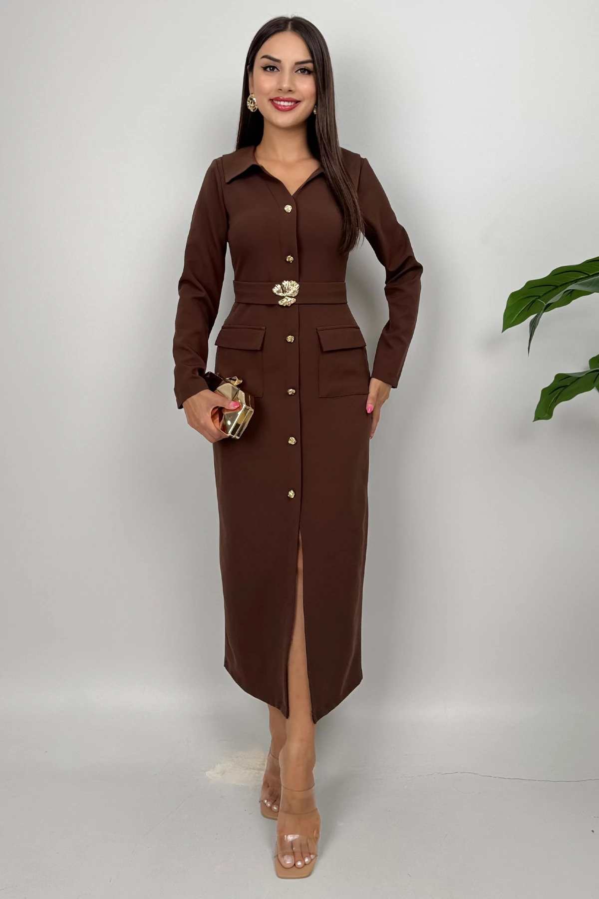 Aynora Kadın Kemer Tokalı Tok Kumaş Uzun Kollu Kahve Şık Elbise