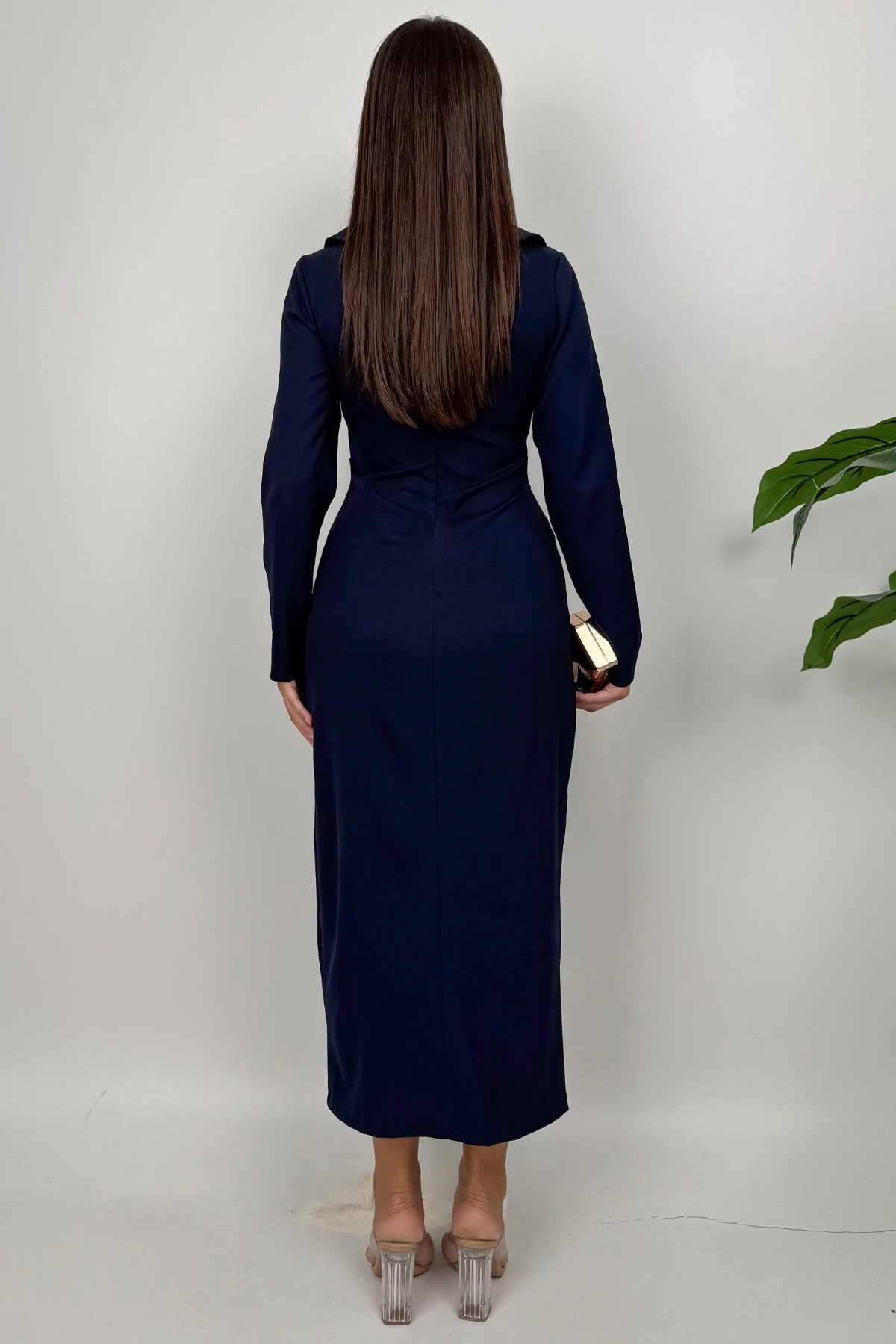  Aynora Kadın Kemer Tokalı Tok Kumaş Uzun Kollu Lacivert Şık Elbise