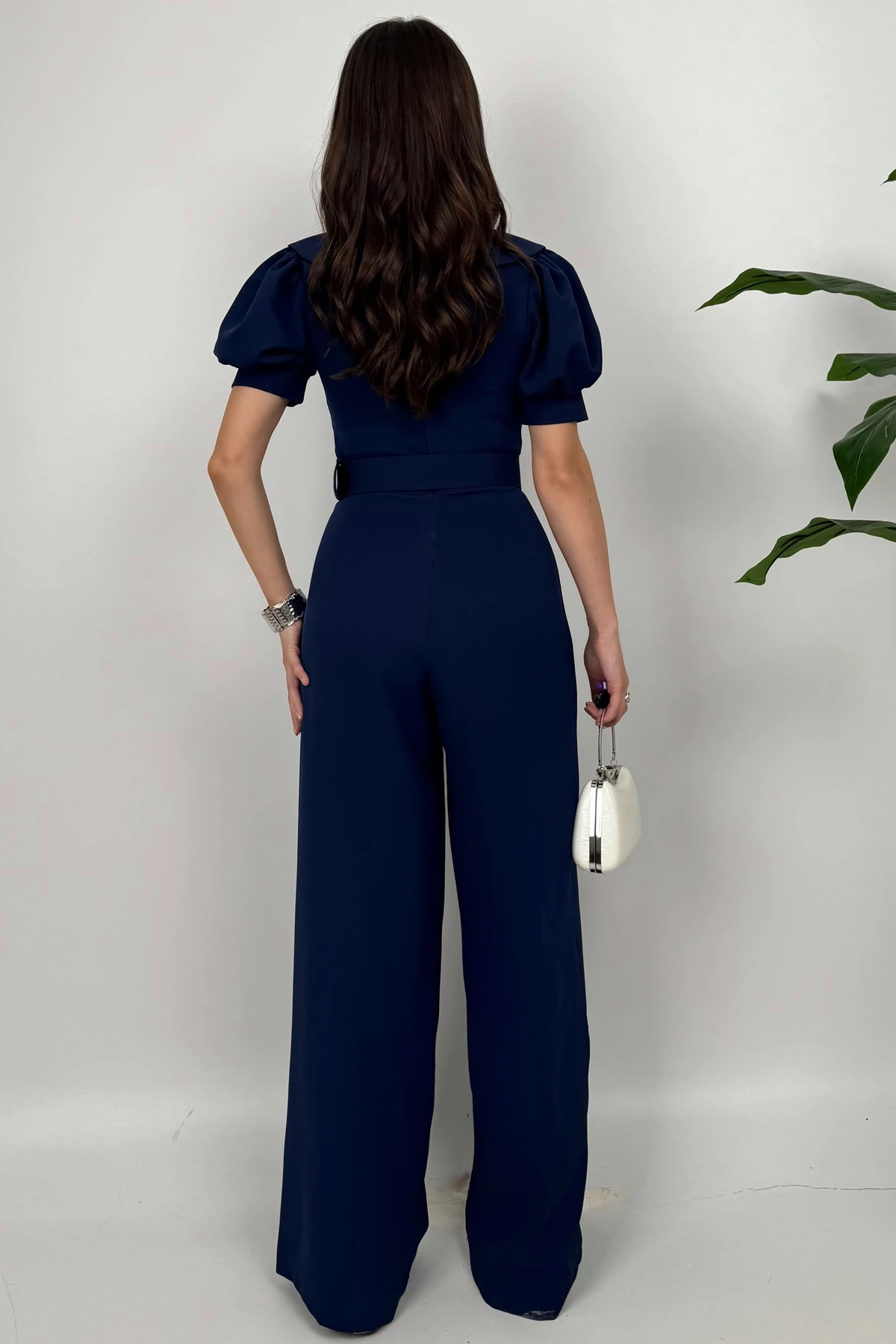 Firenze Kadın Düğmeli Kemer Detaylı Bol Paça Lacivert Tulum – Zarif Akşam Şıklığı