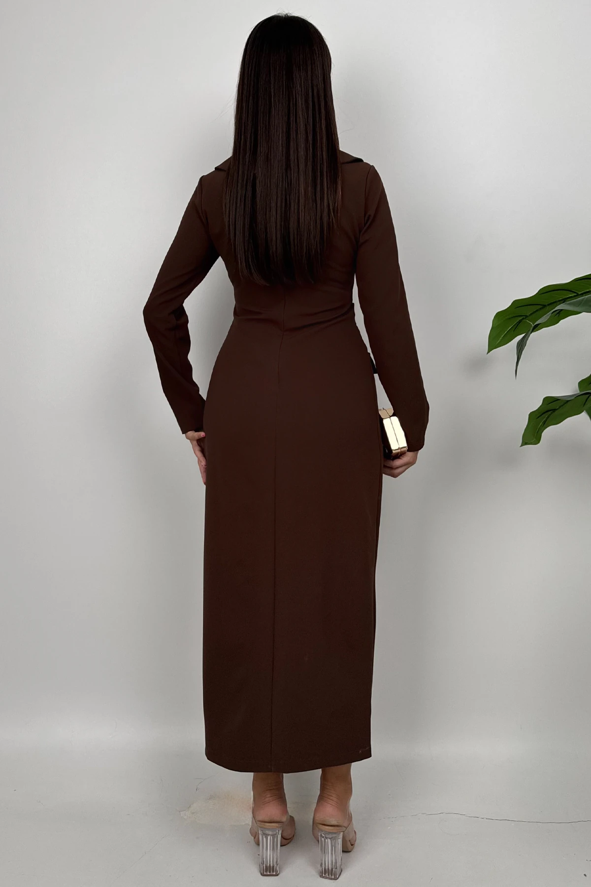 Aynora Kadın Kemer Tokalı Tok Kumaş Uzun Kollu Kahve Şık Elbise