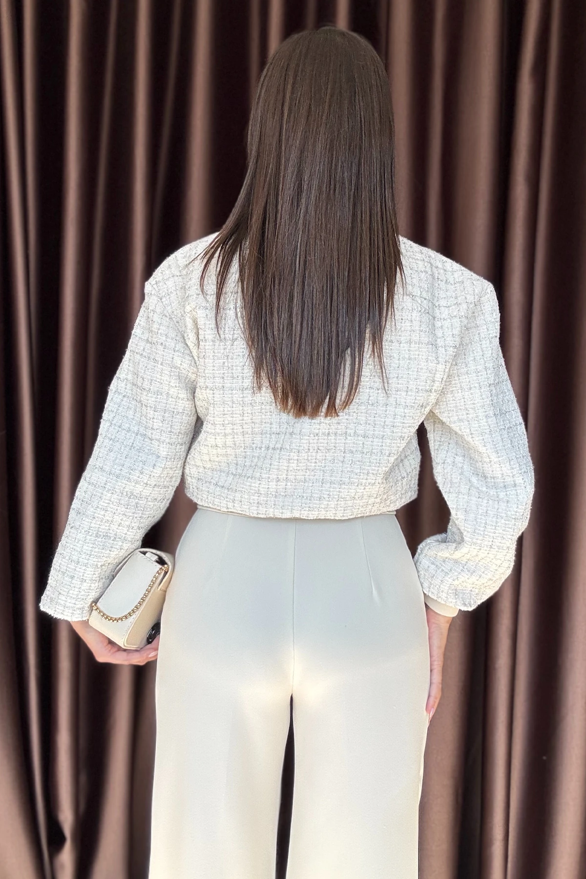 Lumina Kadın Simli Şanel Dokulu Şık Kısa Bomber Ekru Ceket