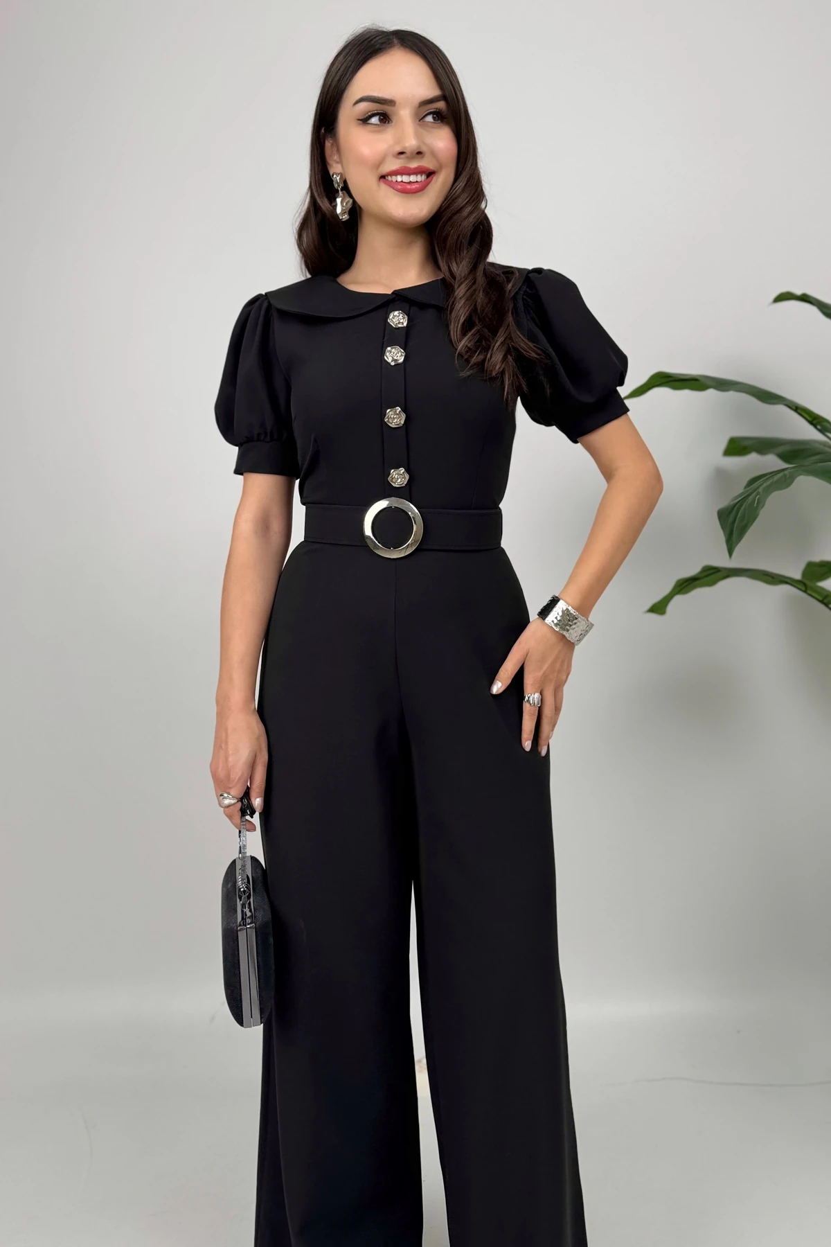 Firenze Kadın Düğmeli Kemer Detaylı Bol Paça Siyah Tulum – Zarif Akşam Şıklığı