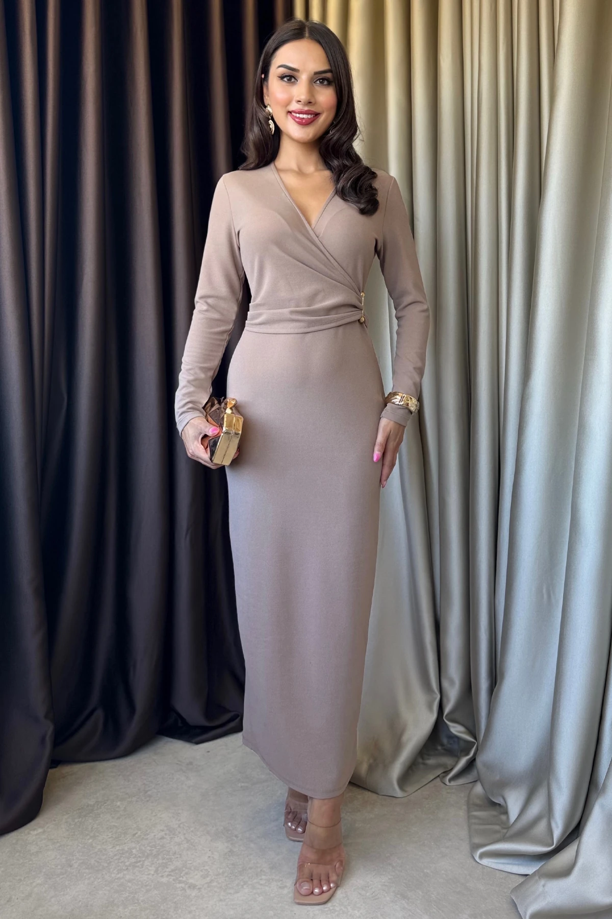 Valina Önü Pileli Uzun Kollu Davet & Günlük Şık Kadın Vizon Elbise