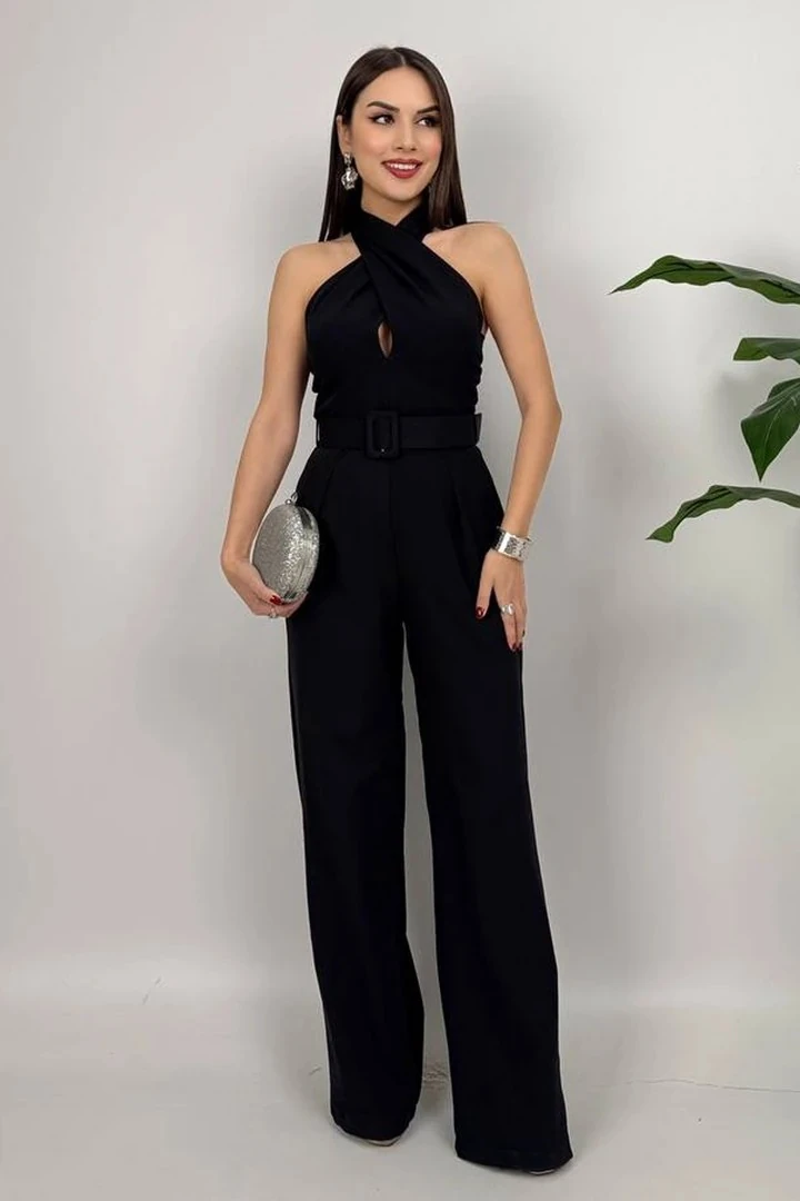 Amber Kadın Kemer Detaylı Askılı Bol Paça Siyah Tulum – Rahat Şık Yazlık Kombin