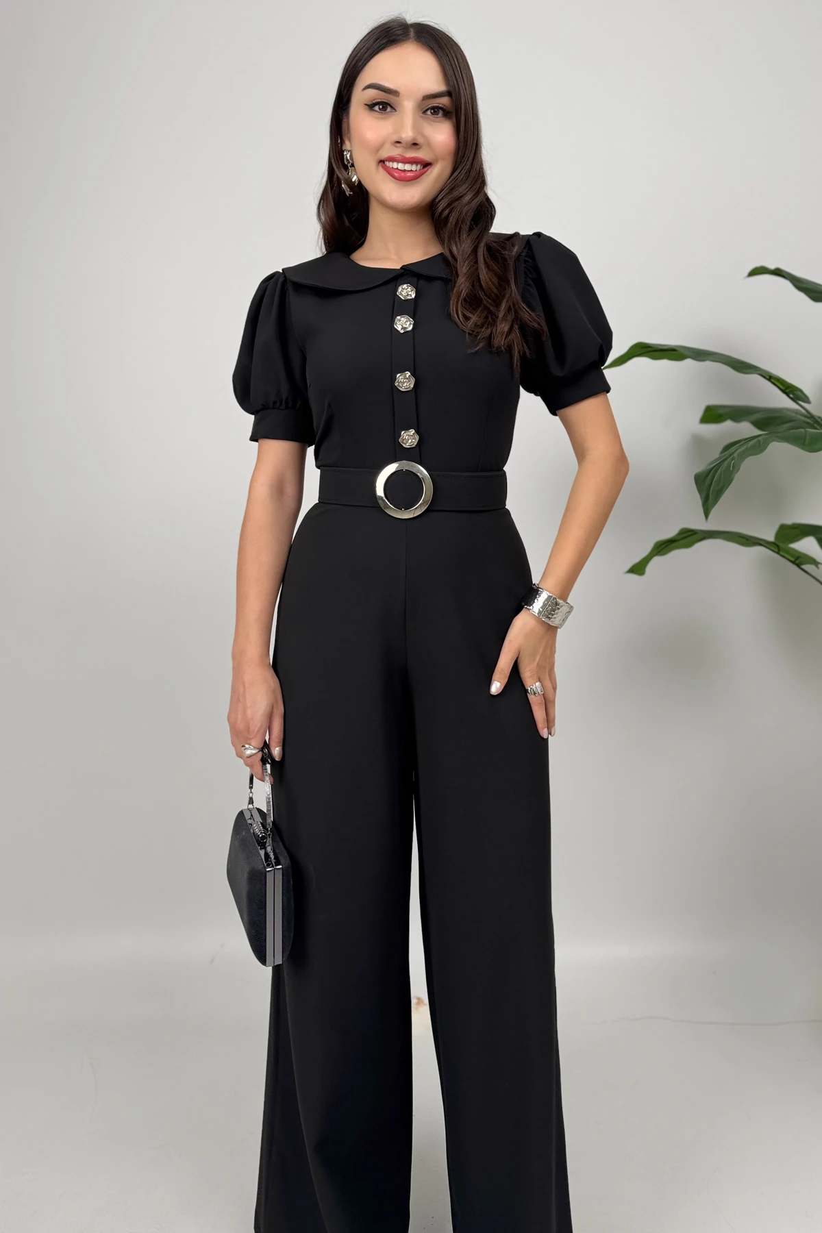 Firenze Kadın Düğmeli Kemer Detaylı Bol Paça Siyah Tulum – Zarif Akşam Şıklığı