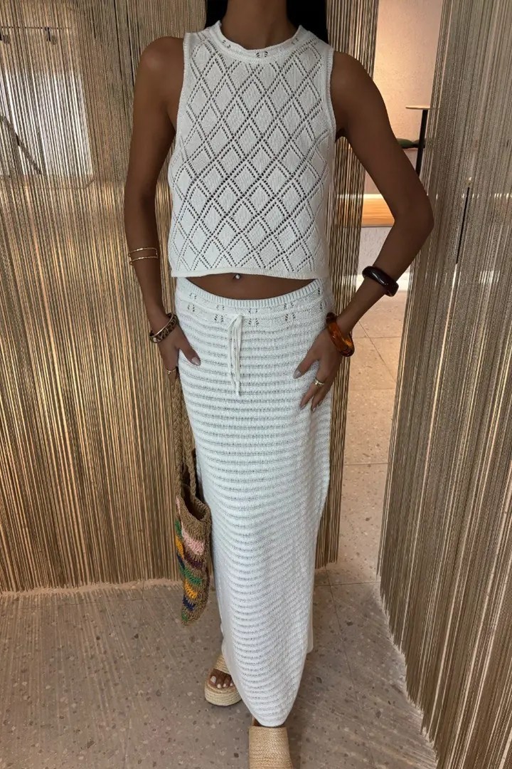 Riviera Kadın Beachwear Ajurlu Beyaz Triko Takım – Yazlık Plaj Şıklığı