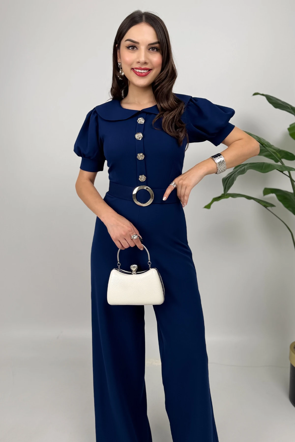 Firenze Kadın Düğmeli Kemer Detaylı Bol Paça Lacivert Tulum – Zarif Akşam Şıklığı