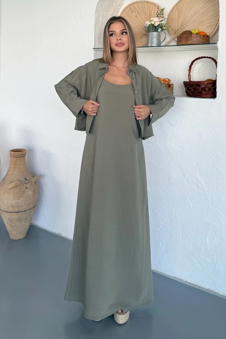 Ciela Kadın Askılı Bolero Maxi Haki Elbise Takım – Yazlık Modal Rahatlık ve Zarif Şıklık