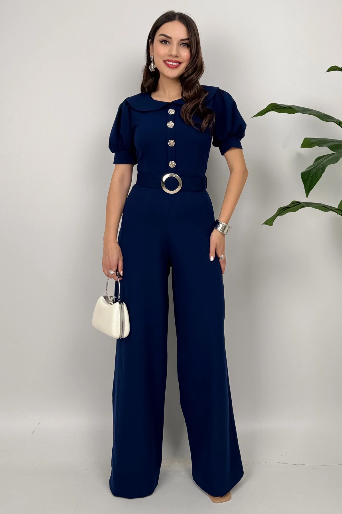 Firenze Kadın Düğmeli Kemer Detaylı Bol Paça Lacivert Tulum – Zarif Akşam Şıklığı