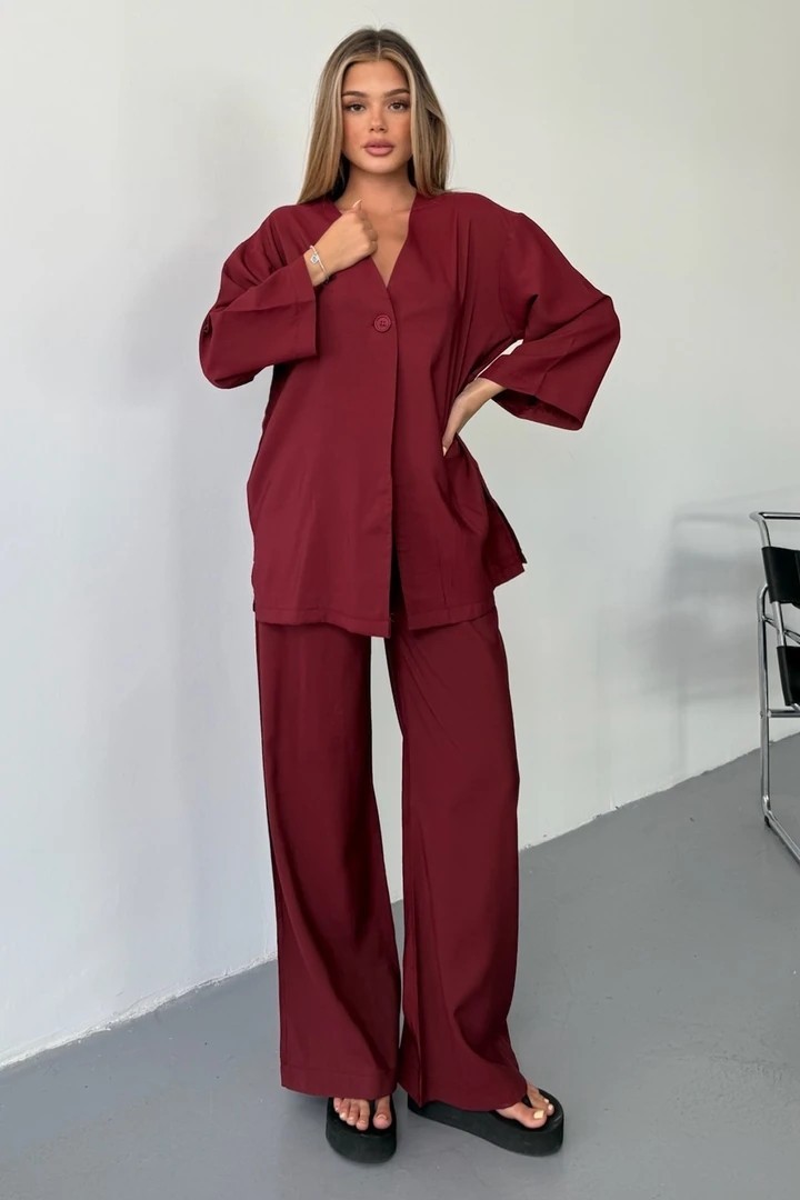 Vena Kadın Cupra Tek Düğme Kimono & Pantolon Bordo Takım – Yazlık Konforlu Şıklık ve Modern Kesim
