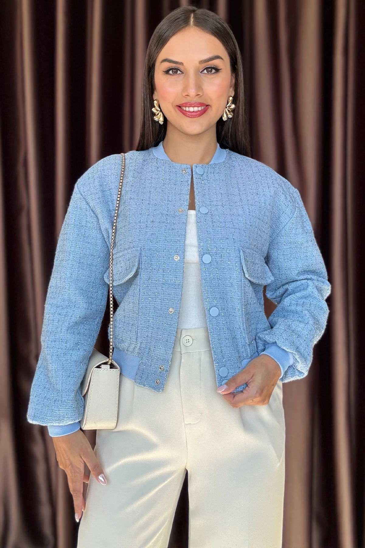 Lumina Kadın Simli Şanel Dokulu Şık Kısa Bomber Mavi Ceket