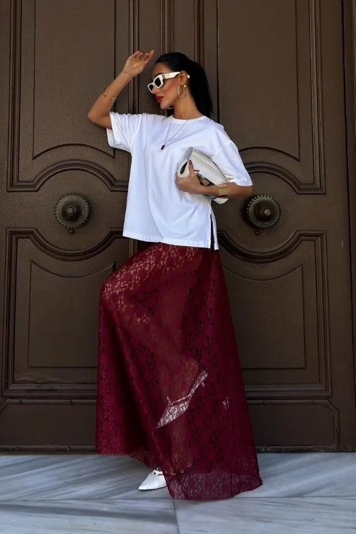 Crimson Grace Kadın Bordo Dantel Maxi Etek – Şık Yazlık Tasarım