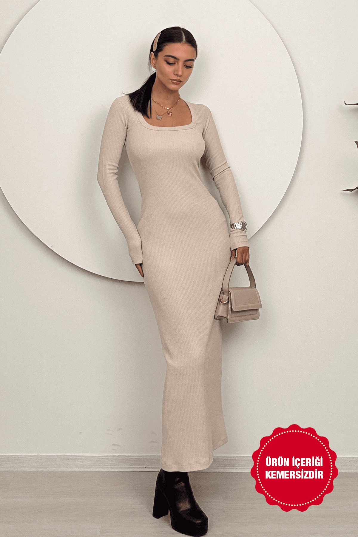  Orlina Kadın Uzun Kollu Kemersiz Bodycon Taş Triko Elbise - Günlük Şıklık