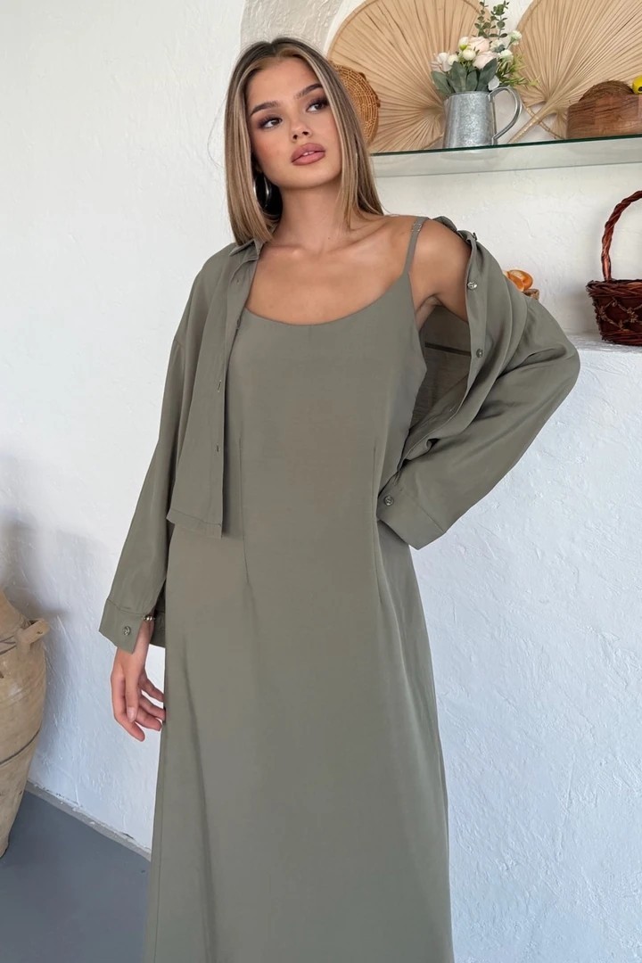 Ciela Kadın Askılı Bolero Maxi Haki Elbise Takım – Yazlık Modal Rahatlık ve Zarif Şıklık