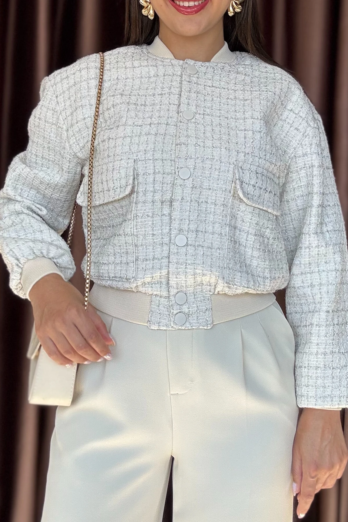 Lumina Kadın Simli Şanel Dokulu Şık Kısa Bomber Ekru Ceket