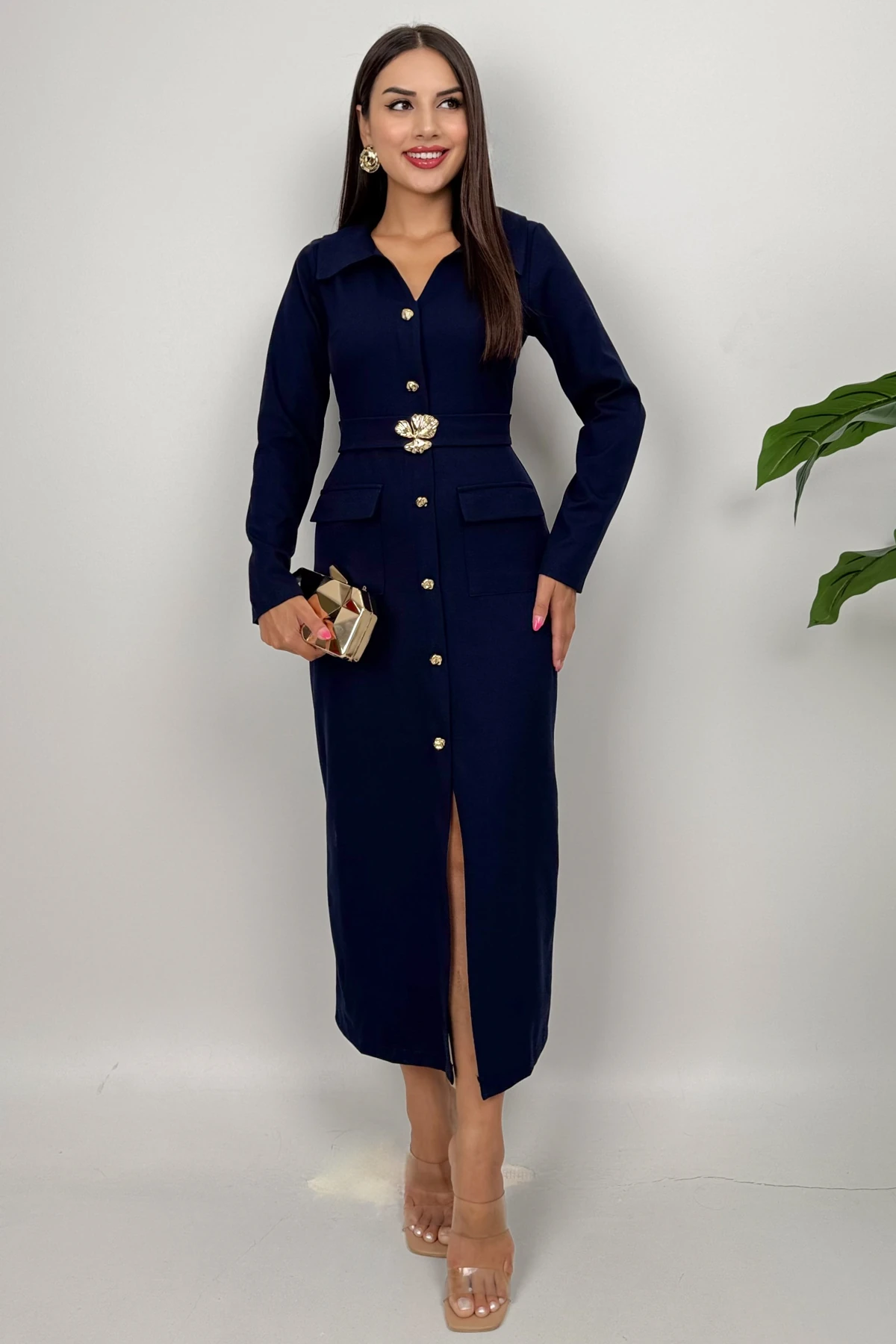  Aynora Kadın Kemer Tokalı Tok Kumaş Uzun Kollu Lacivert Şık Elbise