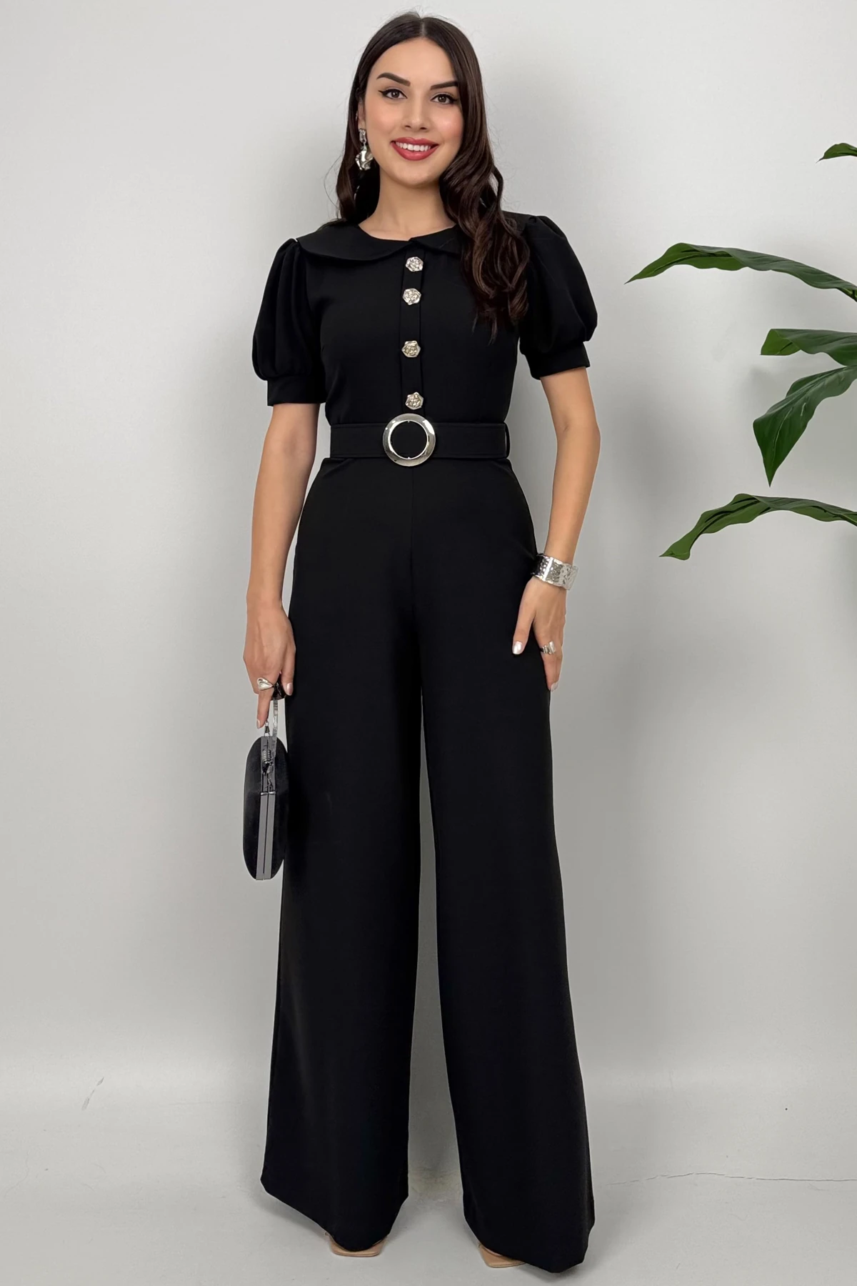 Firenze Kadın Düğmeli Kemer Detaylı Bol Paça Siyah Tulum – Zarif Akşam Şıklığı