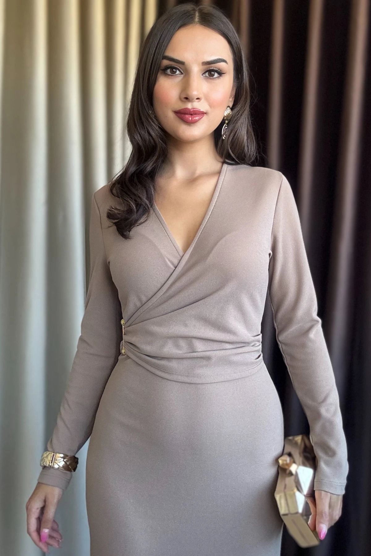 Valina Önü Pileli Uzun Kollu Davet & Günlük Şık Kadın Vizon Elbise