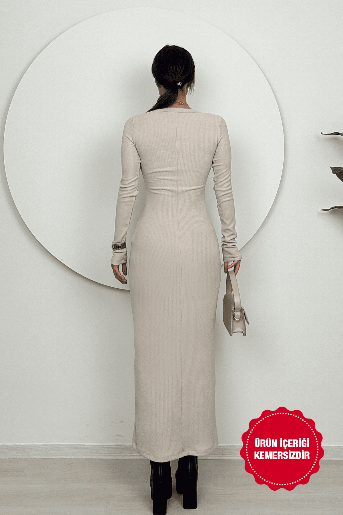  Orlina Kadın Uzun Kollu Kemersiz Bodycon Taş Triko Elbise - Günlük Şıklık