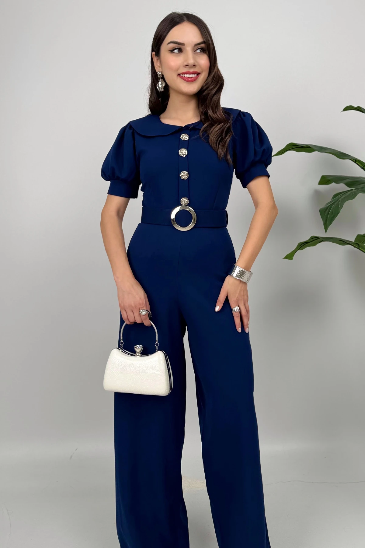 Firenze Kadın Düğmeli Kemer Detaylı Bol Paça Lacivert Tulum – Zarif Akşam Şıklığı