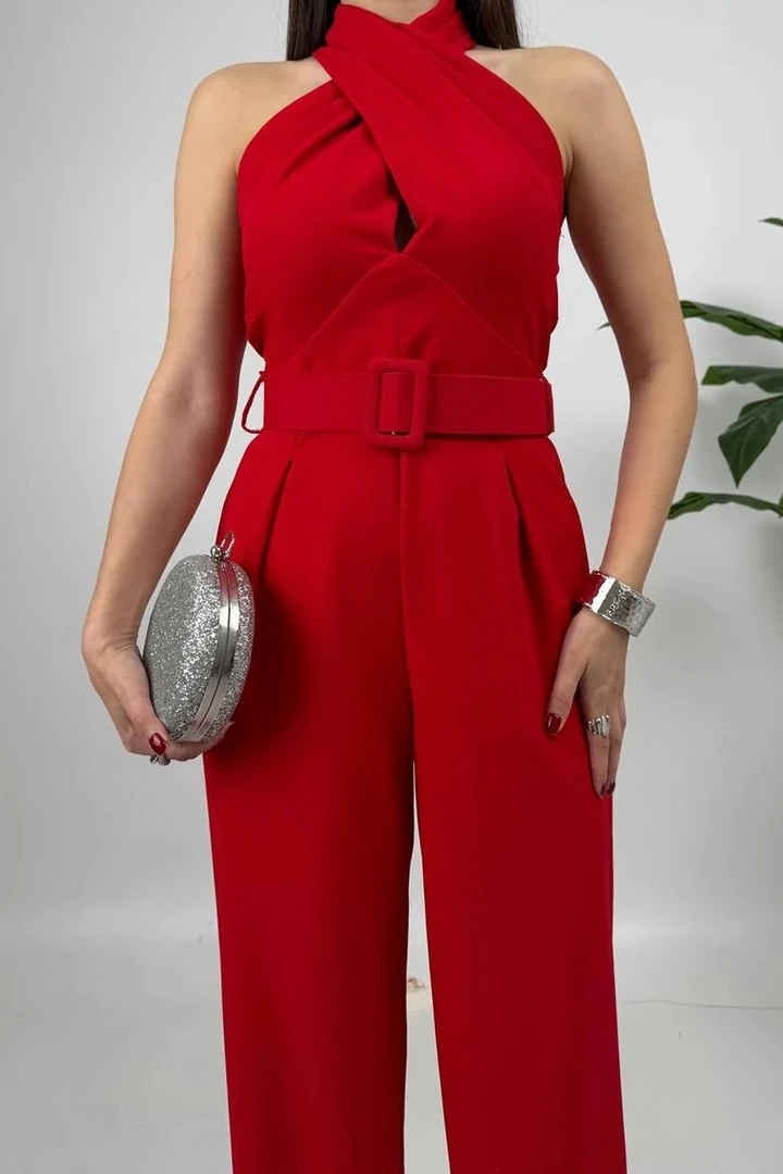 Amber Kadın Kemer Detaylı Askılı Bol Paça Kırmızı Tulum – Rahat Şık Yazlık Kombin