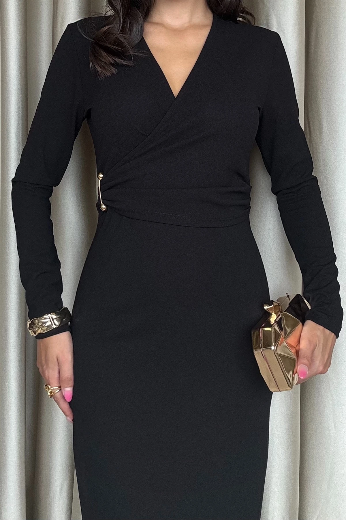 Valina Önü Pileli Uzun Kollu Davet & Günlük Şık Kadın Siyah Elbise