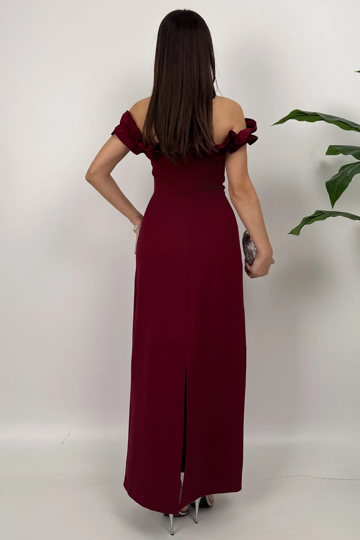 Arlina Madonna Yaka Göğüs Büzgülü Uzun Bordo Abiye Elbise
