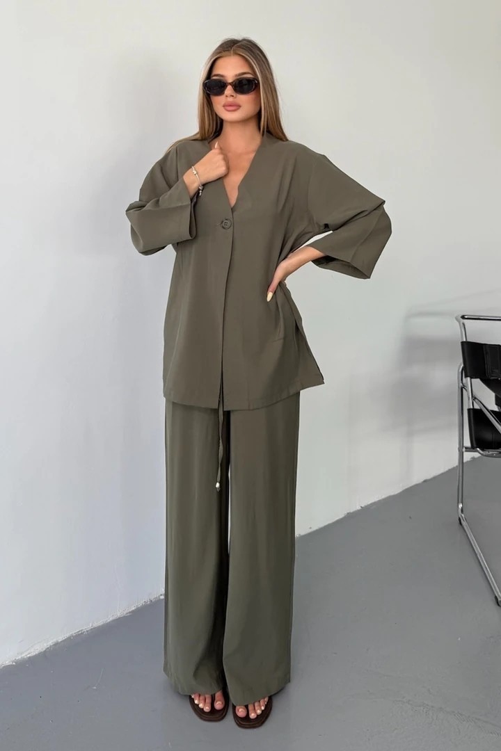Vena Kadın Cupra Tek Düğme Kimono & Pantolon Haki Takım – Yazlık Konforlu Şıklık ve Modern Kesim