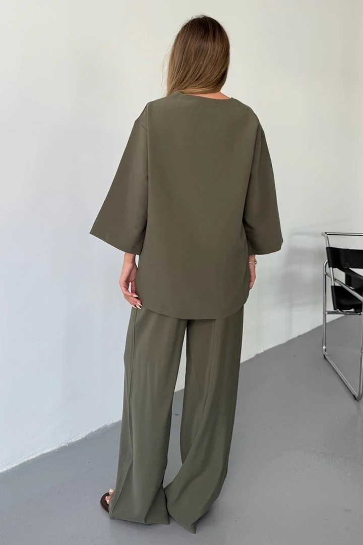Vena Kadın Cupra Tek Düğme Kimono & Pantolon Haki Takım – Yazlık Konforlu Şıklık ve Modern Kesim