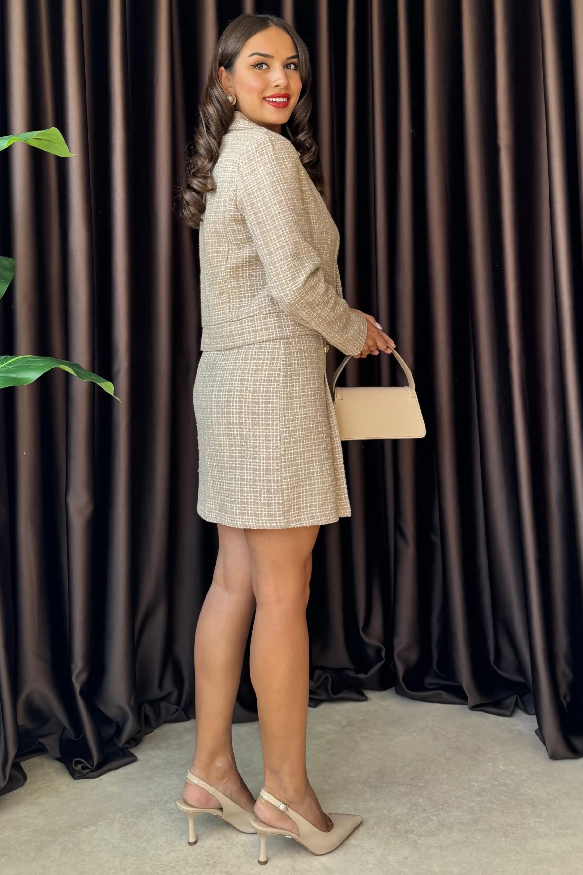  Elenor Simli Dokuma Gold Düğmeli Premium Şık Kadın Vizon Etekli Takım