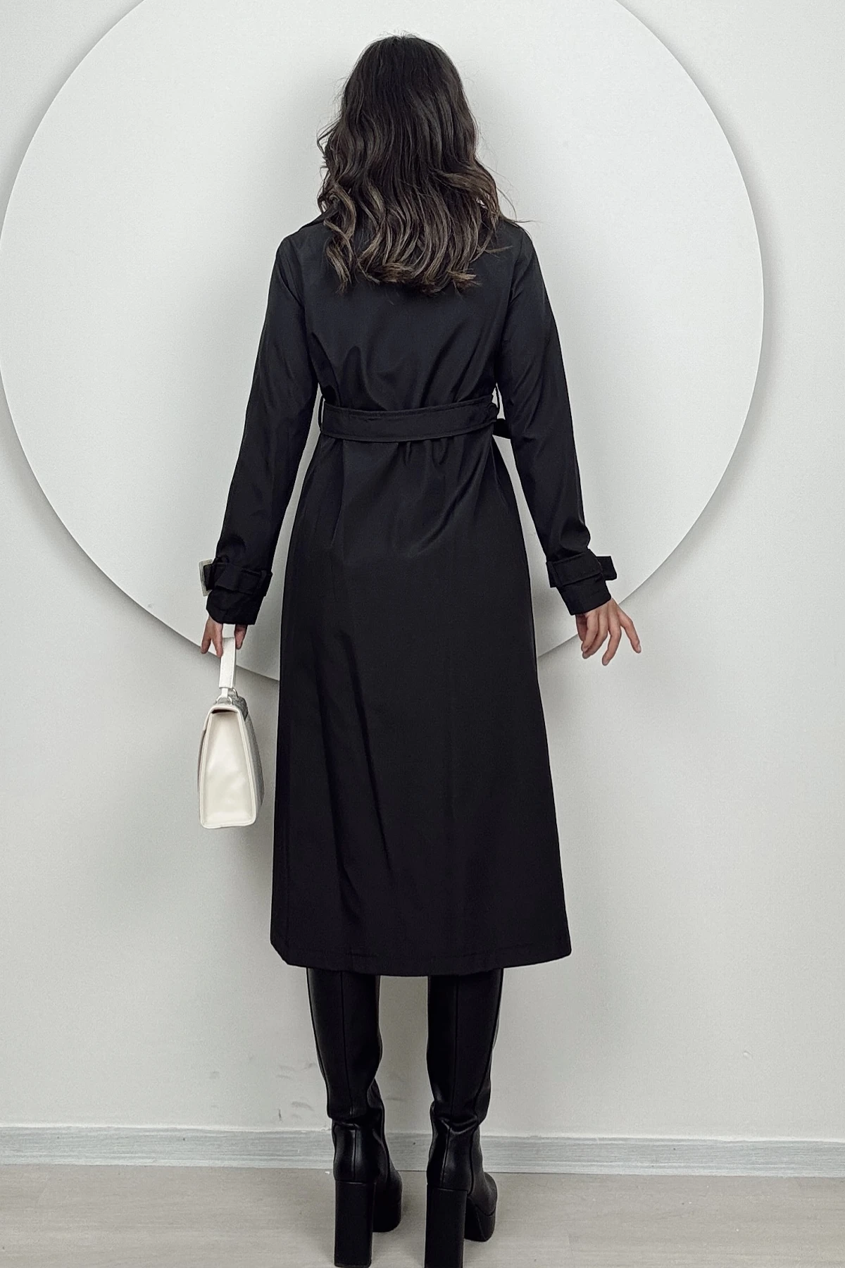 Narvex Kadın Siyah Bağlama Kemerli Düğmeli Kruvaze Siyah Trençkot