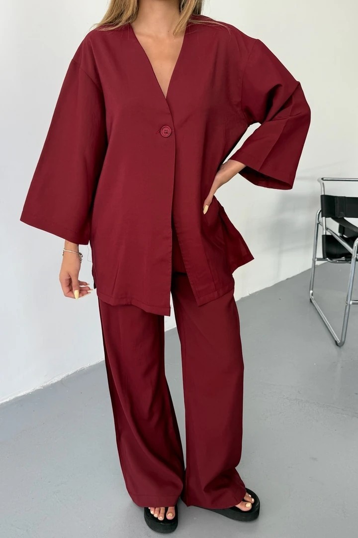 Vena Kadın Cupra Tek Düğme Kimono & Pantolon Bordo Takım – Yazlık Konforlu Şıklık ve Modern Kesim