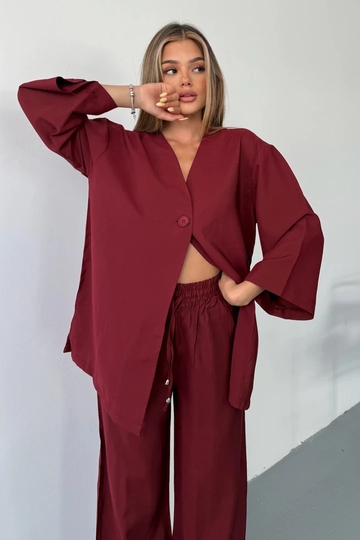 Vena Kadın Cupra Tek Düğme Kimono & Pantolon Bordo Takım – Yazlık Konforlu Şıklık ve Modern Kesim