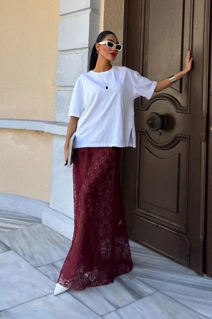 Crimson Grace Kadın Bordo Dantel Maxi Etek – Şık Yazlık Tasarım