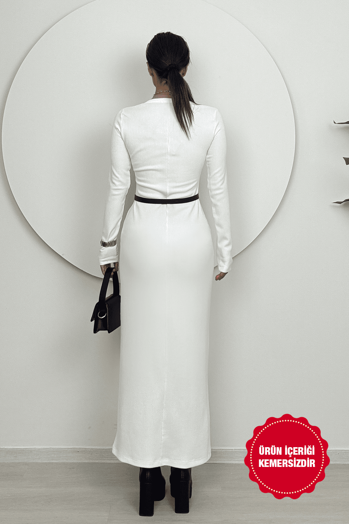 Orlina Kadın Uzun Kollu Kemersiz Bodycon Beyaz Triko Elbise - Günlük Şıklık