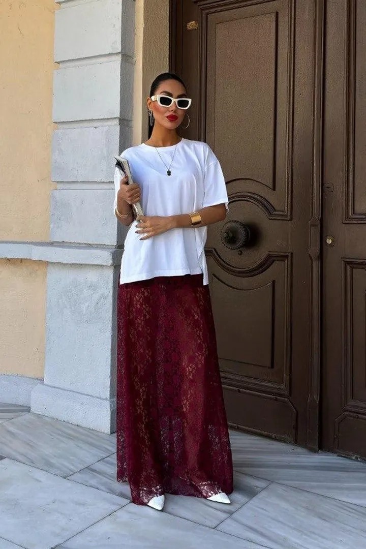 Crimson Grace Kadın Bordo Dantel Maxi Etek – Şık Yazlık Tasarım