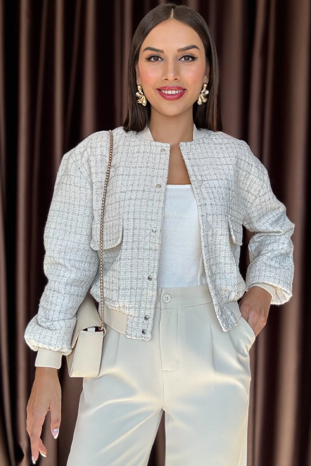 Lumina Kadın Simli Şanel Dokulu Şık Kısa Bomber Ekru Ceket