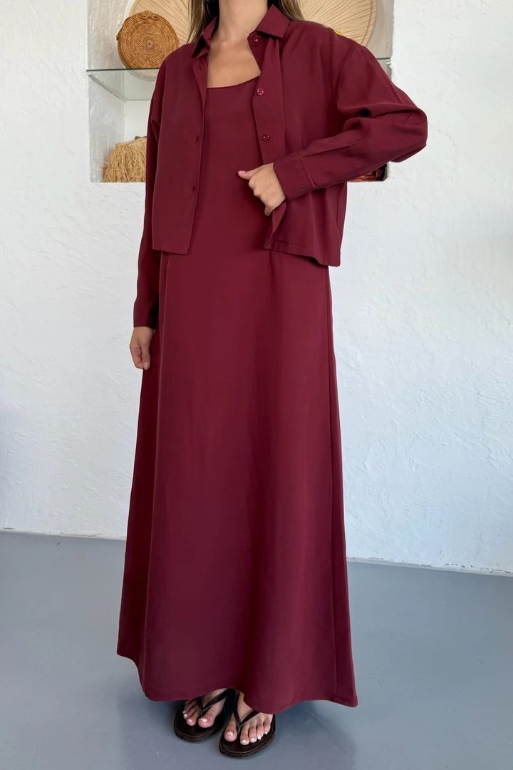 Ciela Kadın Askılı Bolero Maxi Bordo Elbise Takım – Yazlık Modal Rahatlık ve Zarif Şıklık