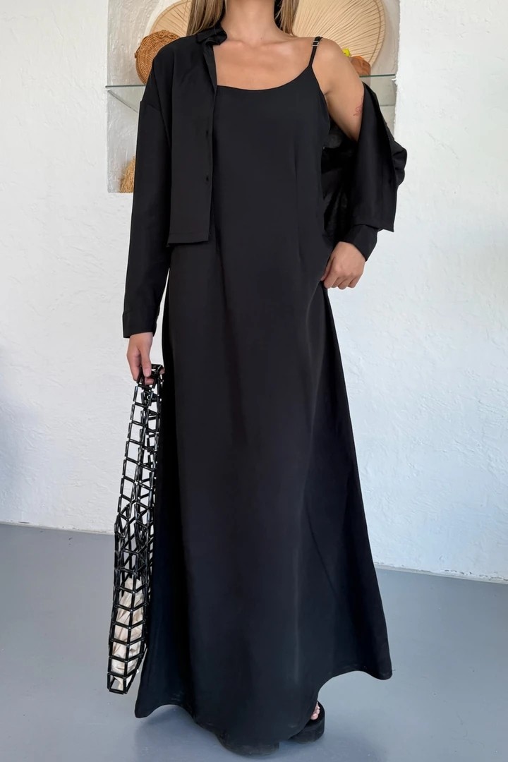 Ciela Kadın Askılı Bolero Maxi Siyah Elbise Takım – Yazlık Modal Rahatlık ve Zarif Şıklık