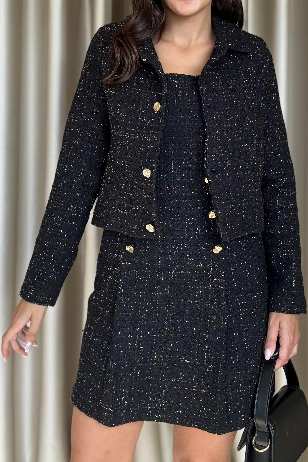  Elenor Simli Dokuma Gold Düğmeli Premium Şık Kadın Siyah Etekli Takım