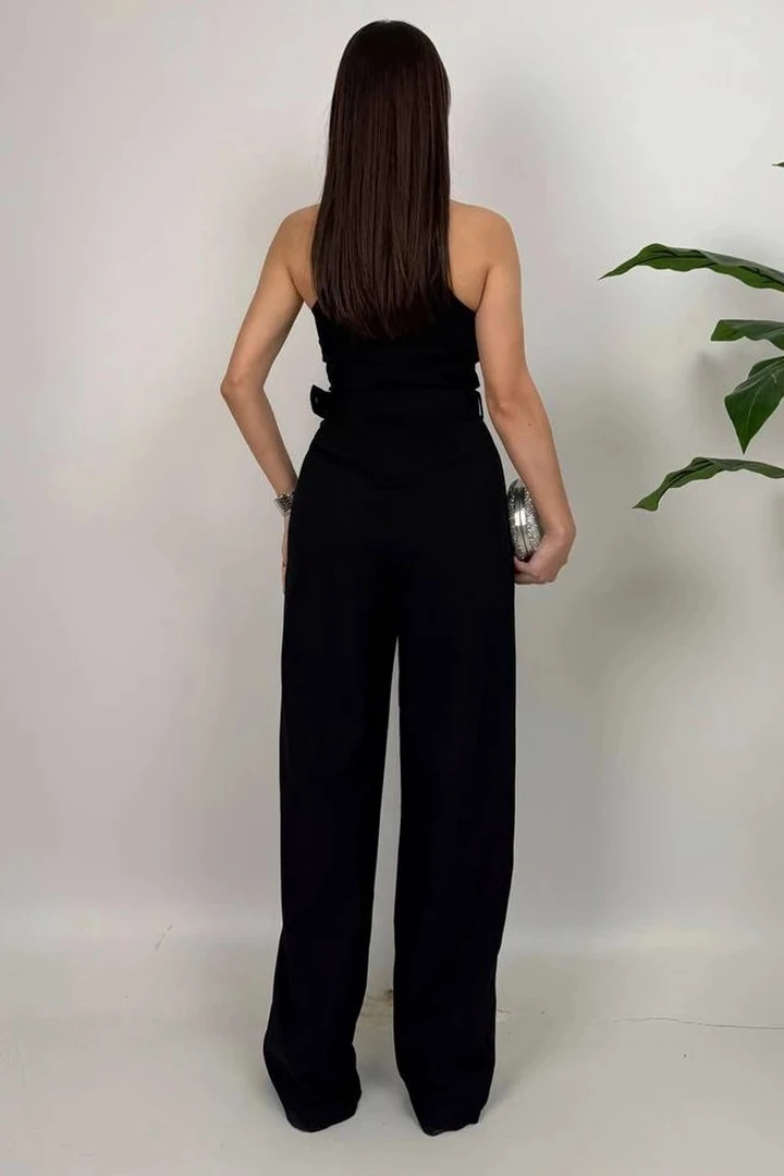 Amber Kadın Kemer Detaylı Askılı Bol Paça Siyah Tulum – Rahat Şık Yazlık Kombin