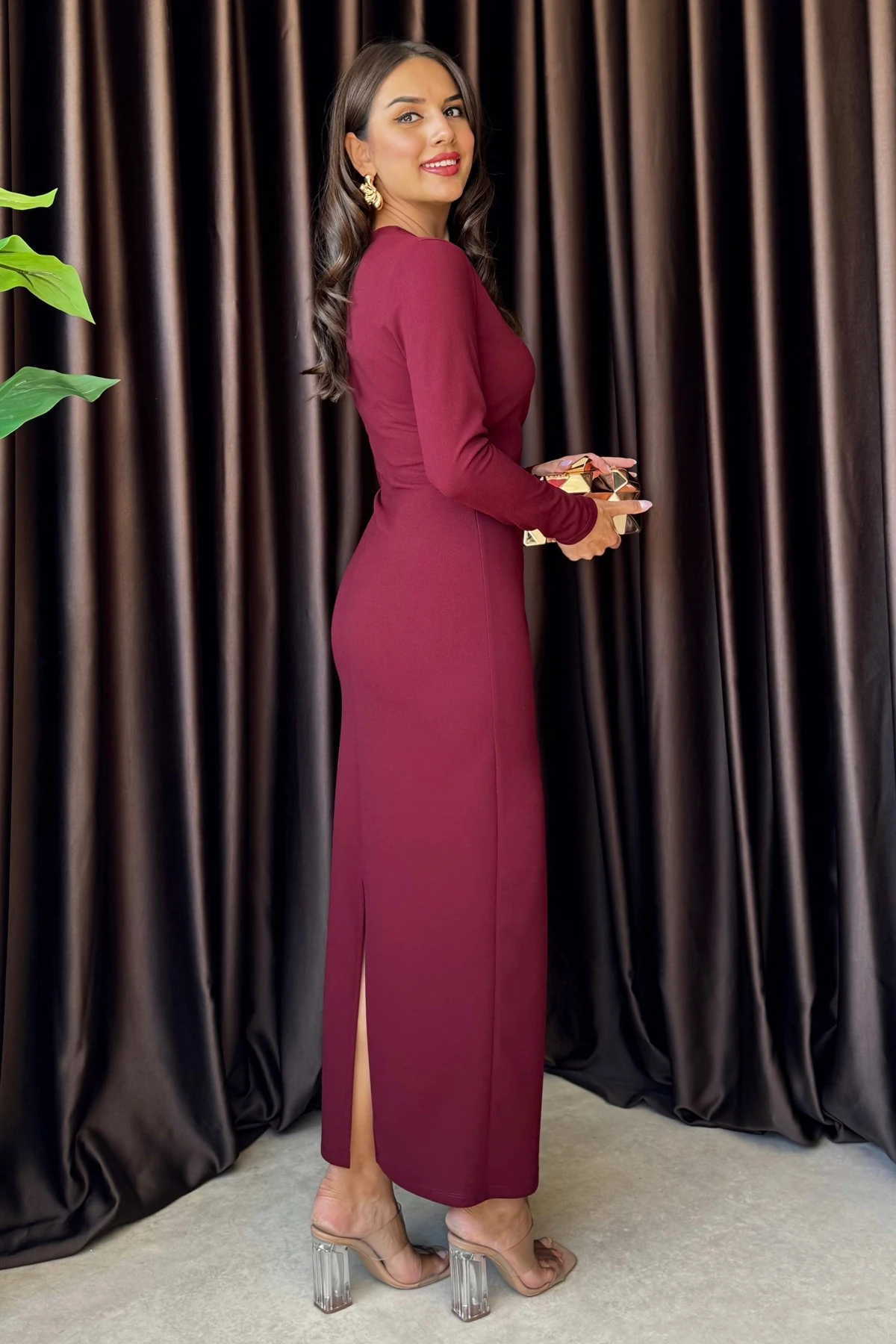 Valina Önü Pileli Uzun Kollu Davet & Günlük Şık Kadın Bordo Elbise