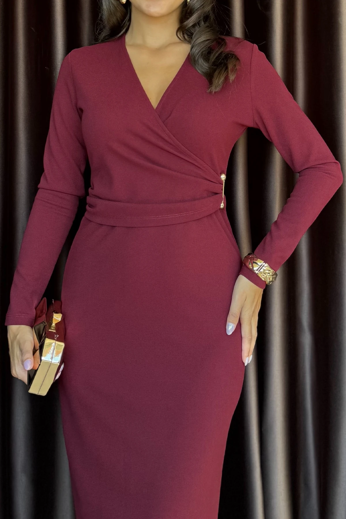 Valina Önü Pileli Uzun Kollu Davet & Günlük Şık Kadın Bordo Elbise