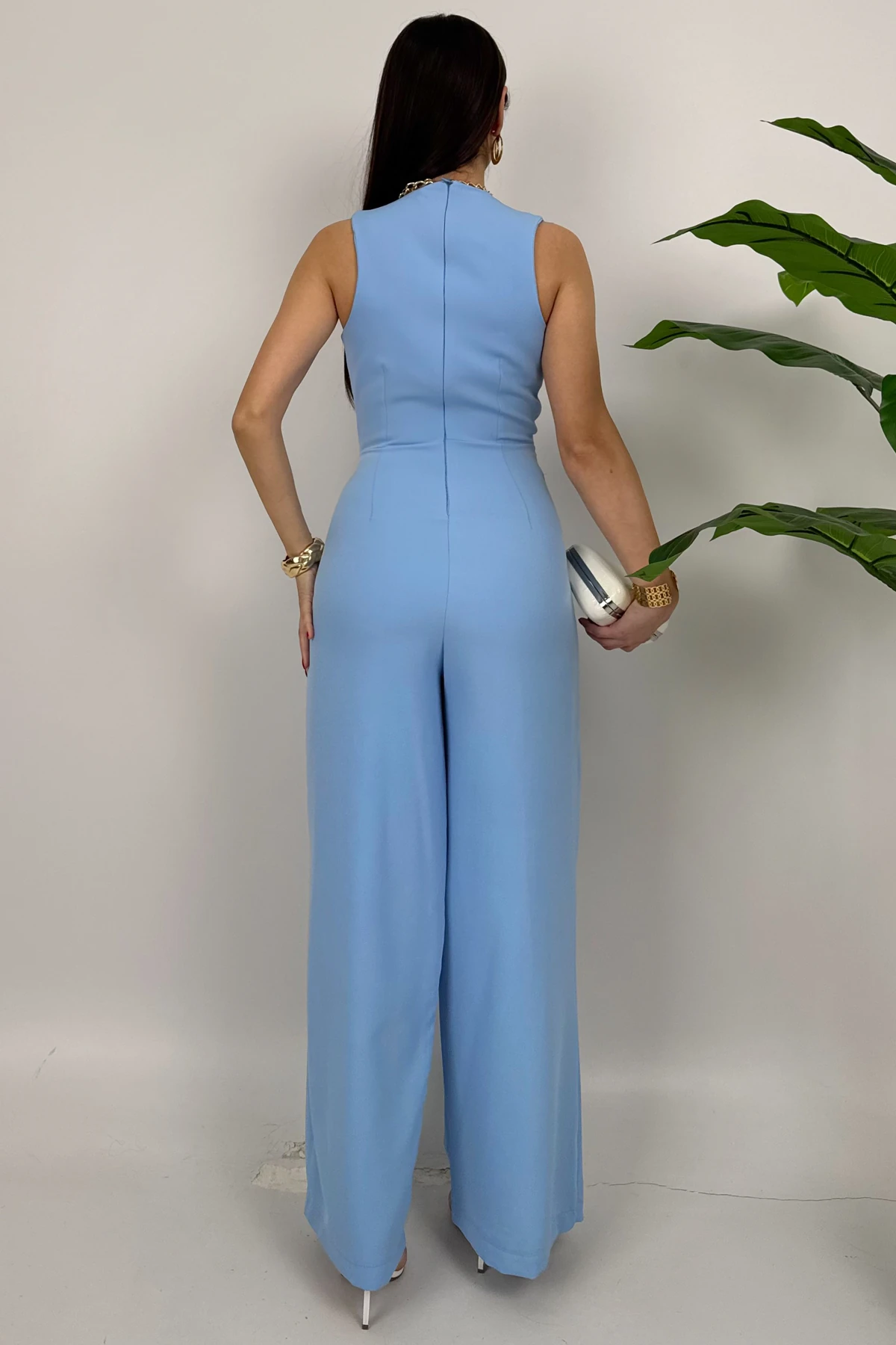 Crimson Icon Kadın Kemer Detaylı Askılı Bol Paça Mavi Günlük Rahat Tulum