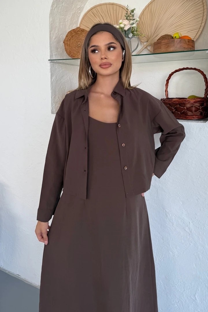 Ciela Kadın Askılı Bolero Maxi Kahverengi Elbise Takım – Yazlık Modal Rahatlık ve Zarif Şıklık