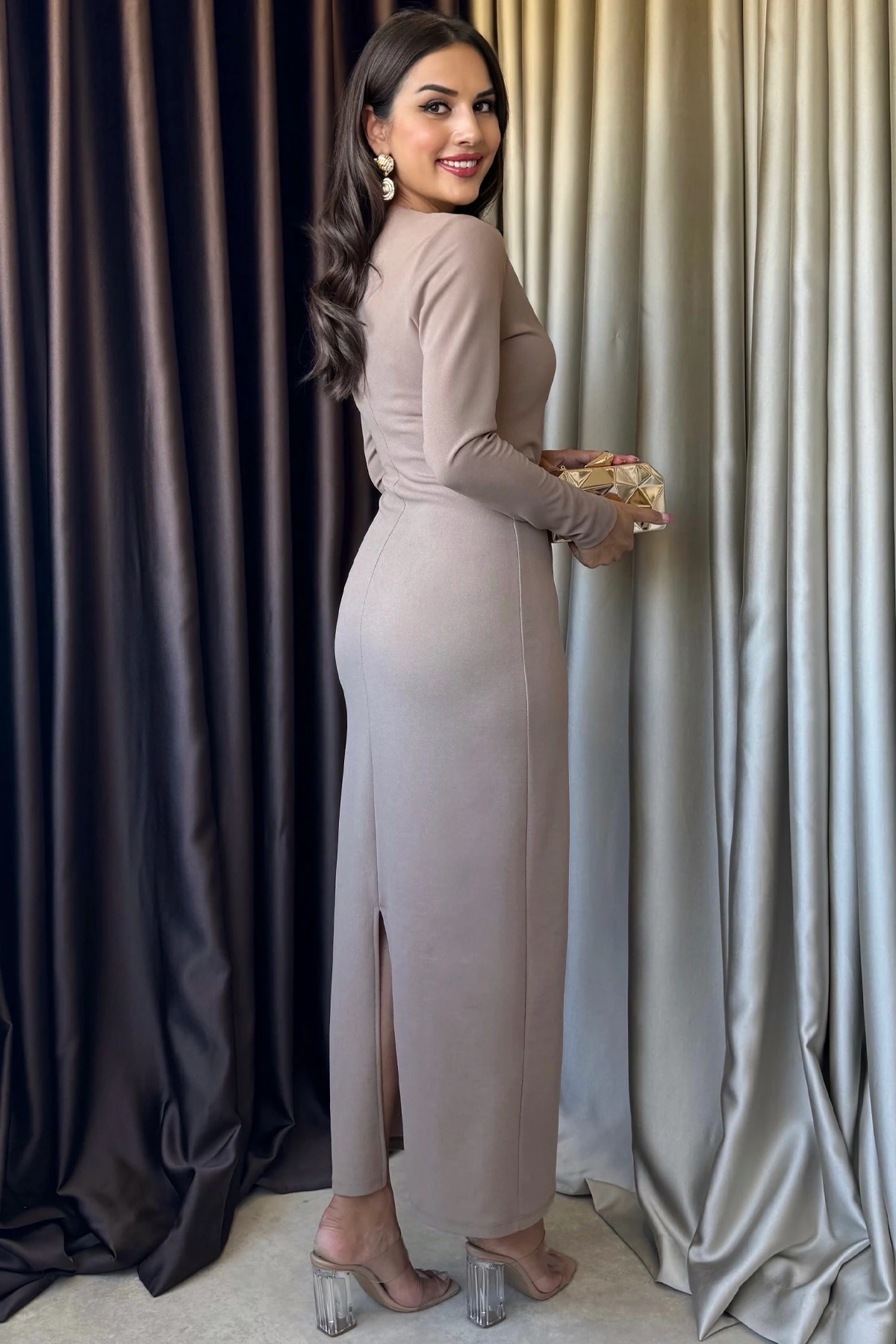 Valina Önü Pileli Uzun Kollu Davet & Günlük Şık Kadın Vizon Elbise