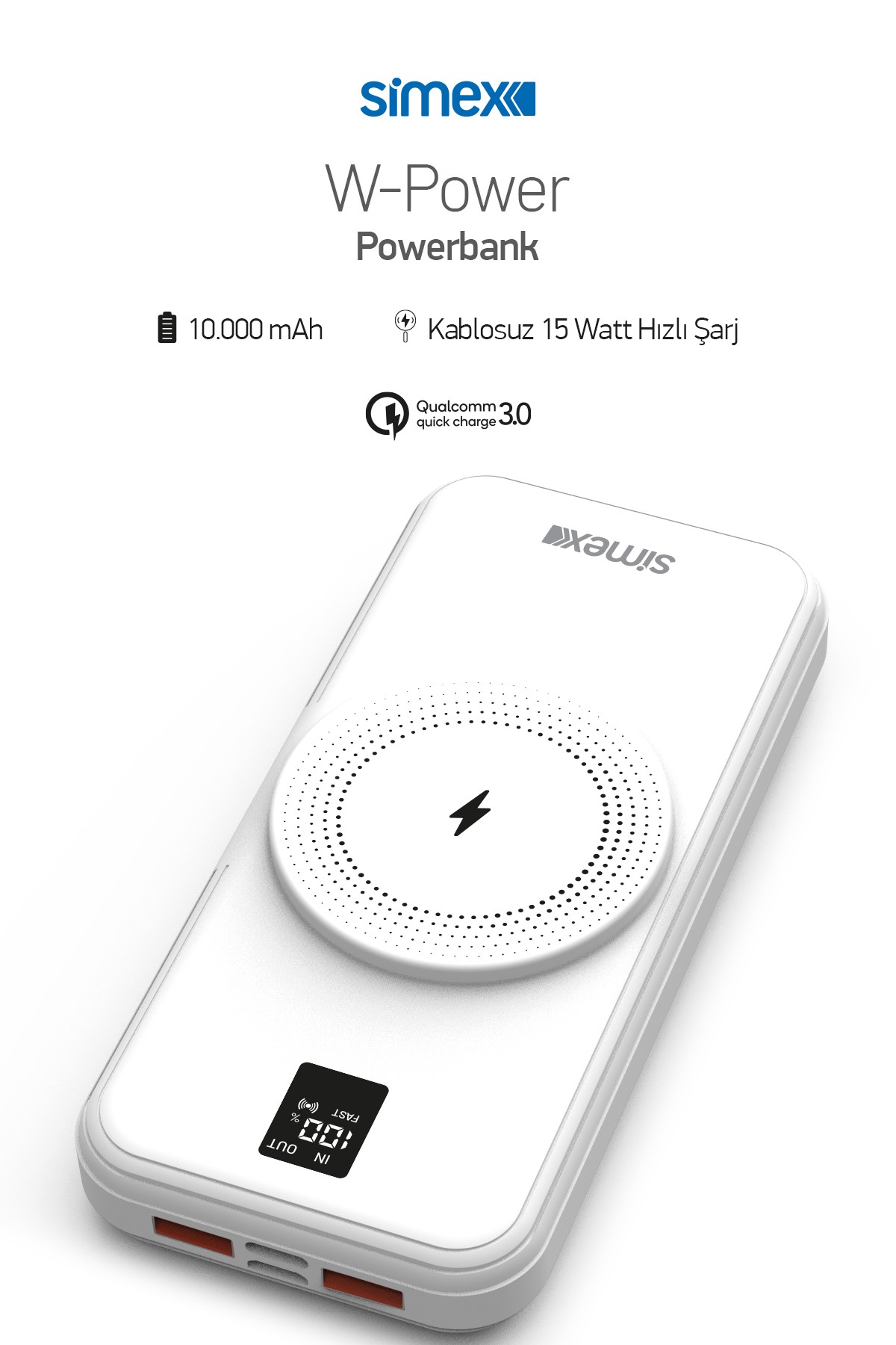 Simex Powerbank 10000mAh Dahili Kablolu 22,5W 15W Magnetic Wireless S-33 W-Power Beyaz