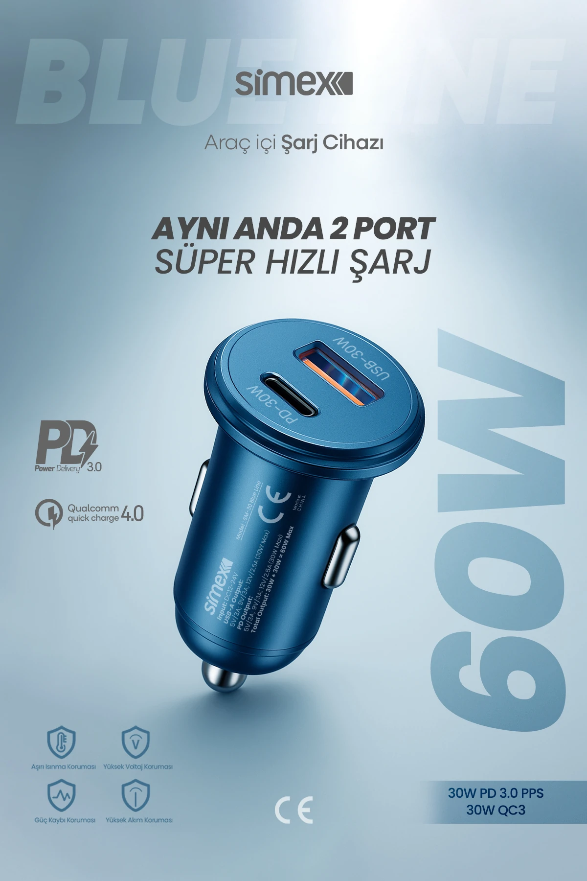 Simex Blue Line SM-30 60W Süper Hızlı Araç Şarj Cihazı PD 3.0 QC 4.0 Çift Port Mavi